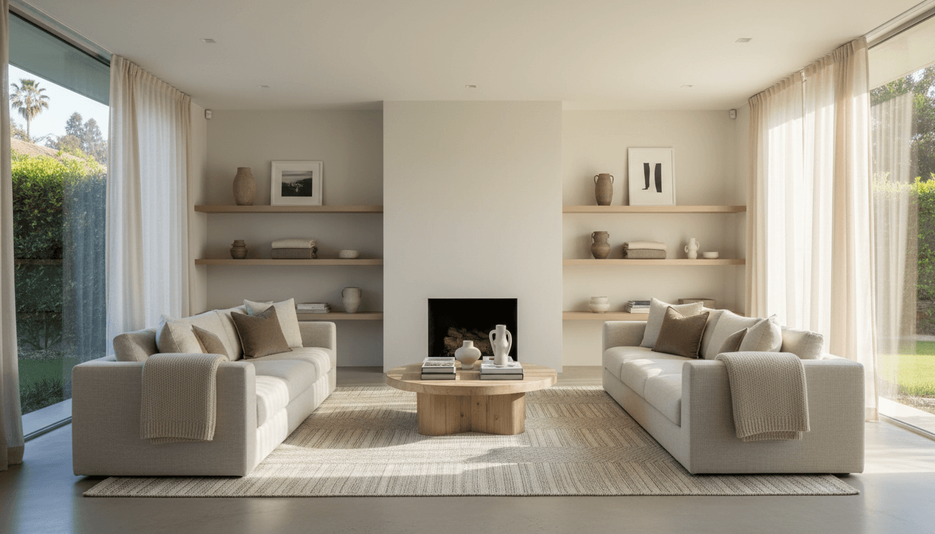 Bright, minimal living room with neutral tones and organized open shelving