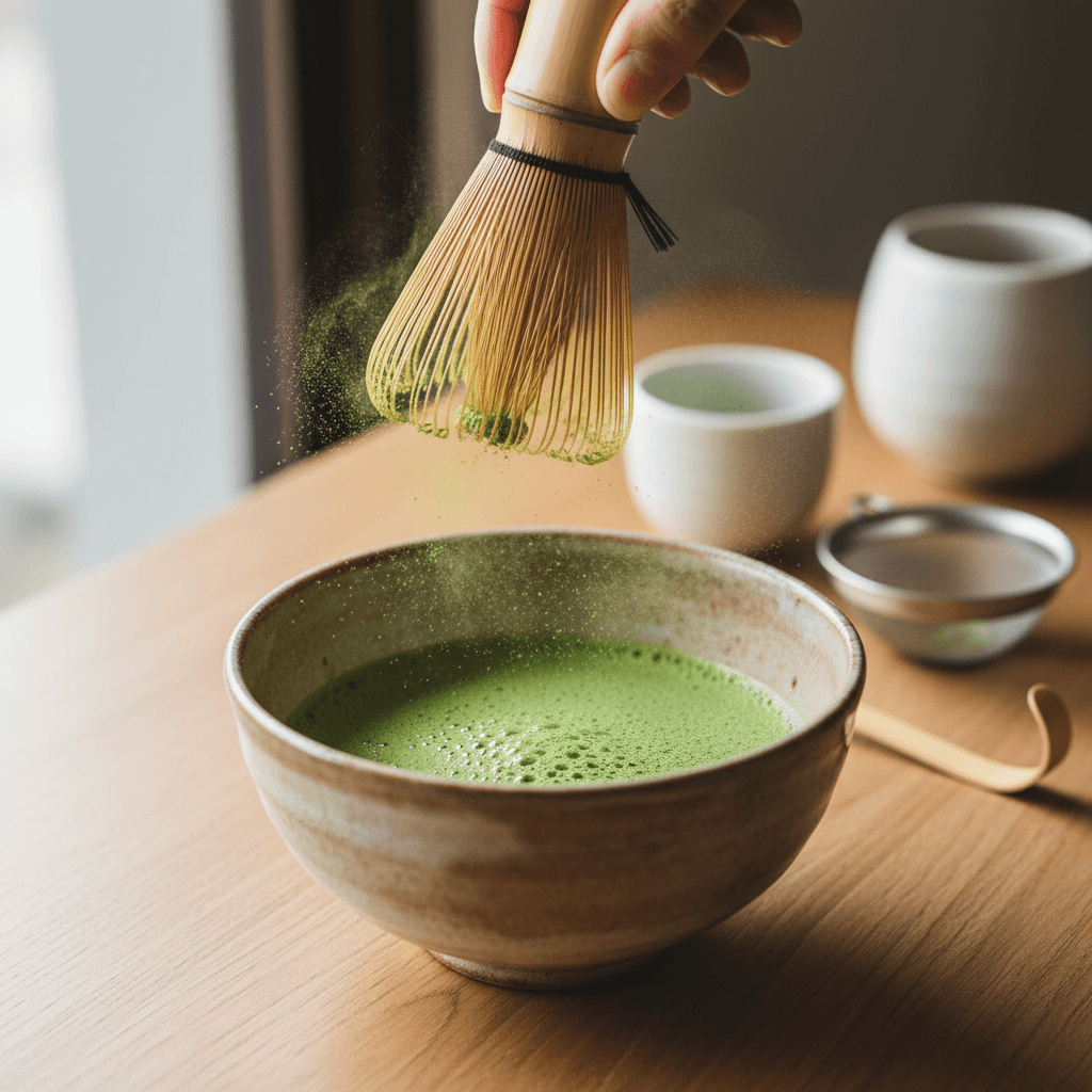 Ceramic matcha bowl with bamboo whisk on wooden tray