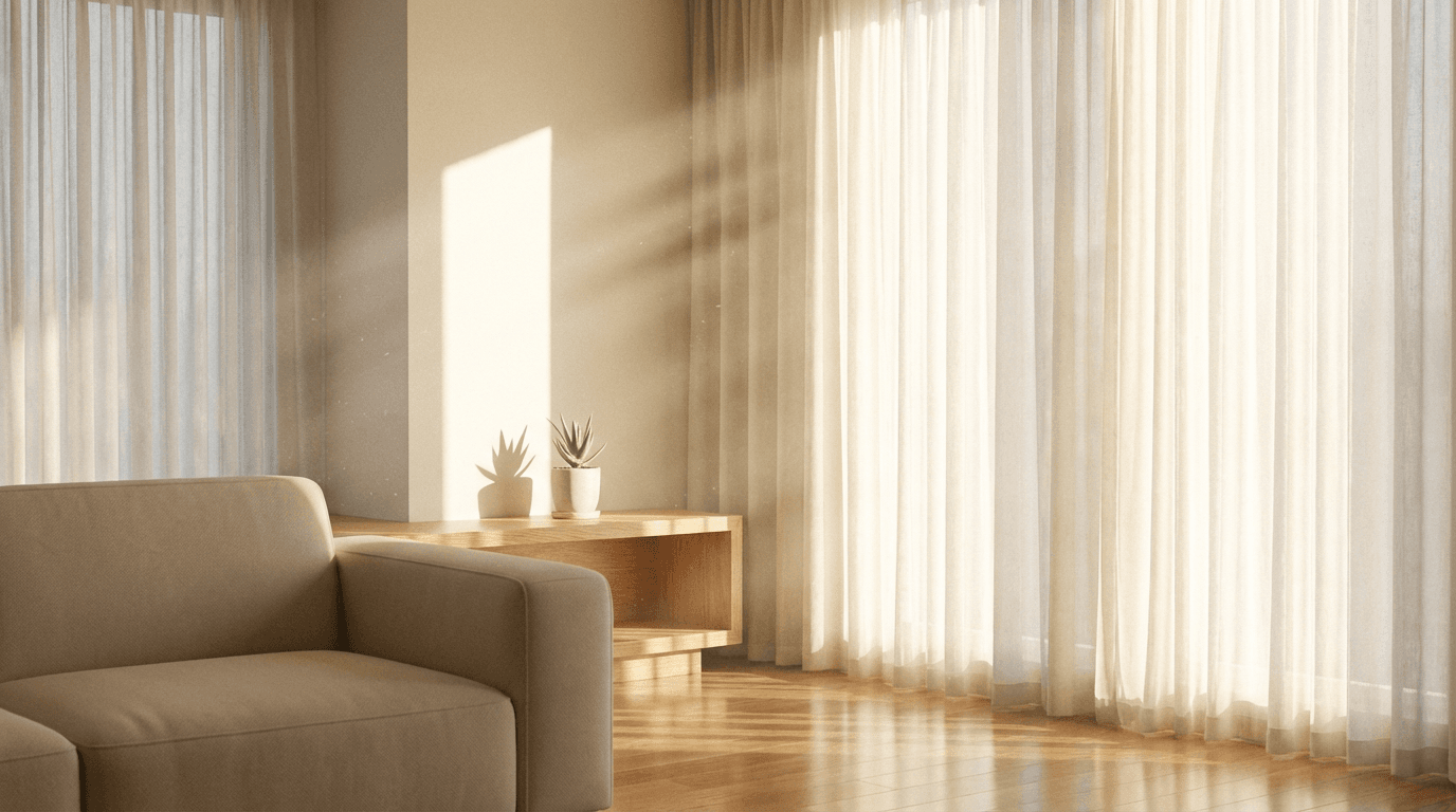 Bright, organized living room with open shelving and soft natural light