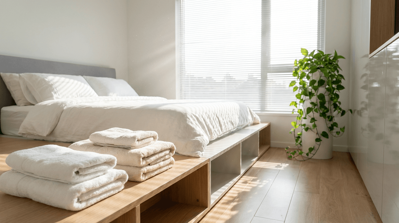 Minimalist dresser top with tray, folded pajamas, and small plant