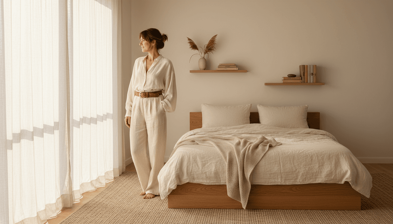 Woman meditating on linen bench in sunlit room