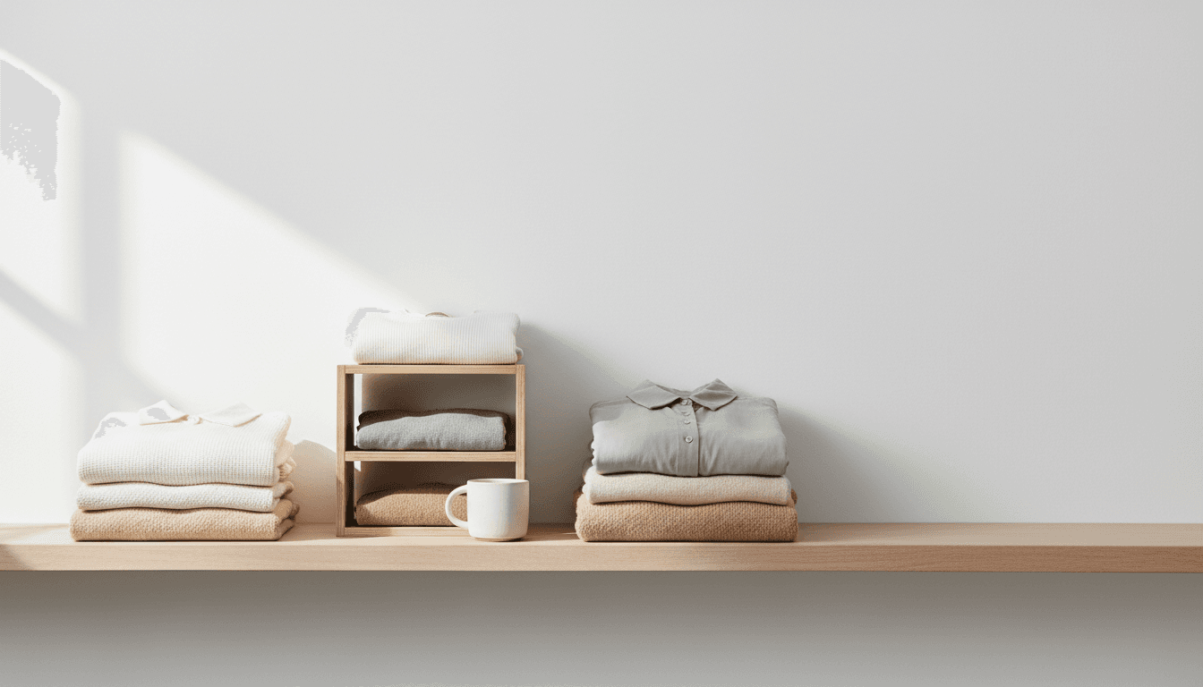 Serene organized walk-in closet with neatly folded clothing on warm wooden shelves