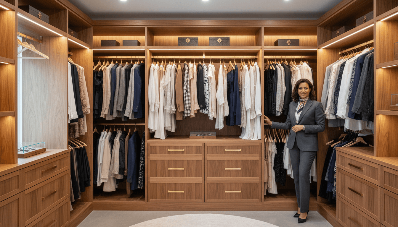 Professionally organized walk-in closet with warm natural light, linen garments hung in even rows, woven baskets on open oak shelves, and soft neutral tones in a refined Los Angeles home