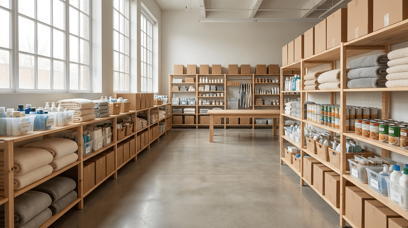 Community donation center with neatly stacked donation boxes
