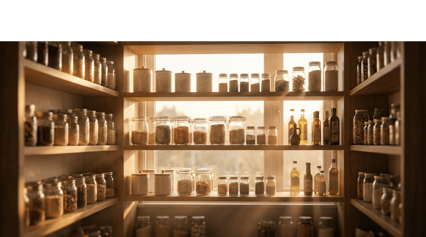 Open pantry shelf with labeled glass canisters and wicker basket