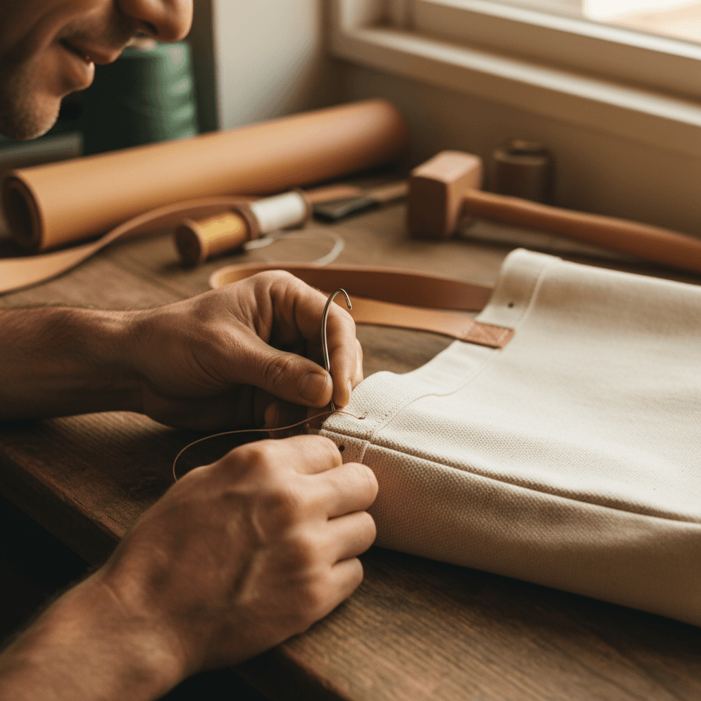 Hands tying reusable canvas bag filled with donations