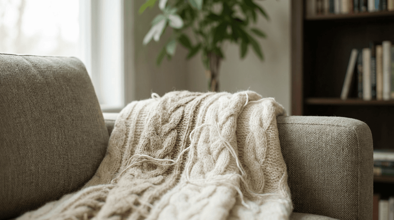 Calm living room corner with woven basket and neatly arranged decor