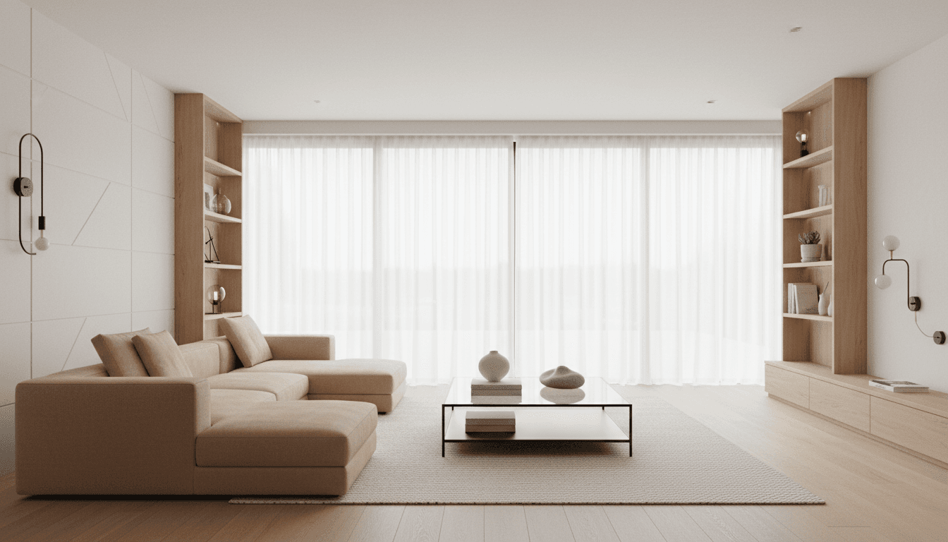 Serene and minimalist living room bathed in morning light