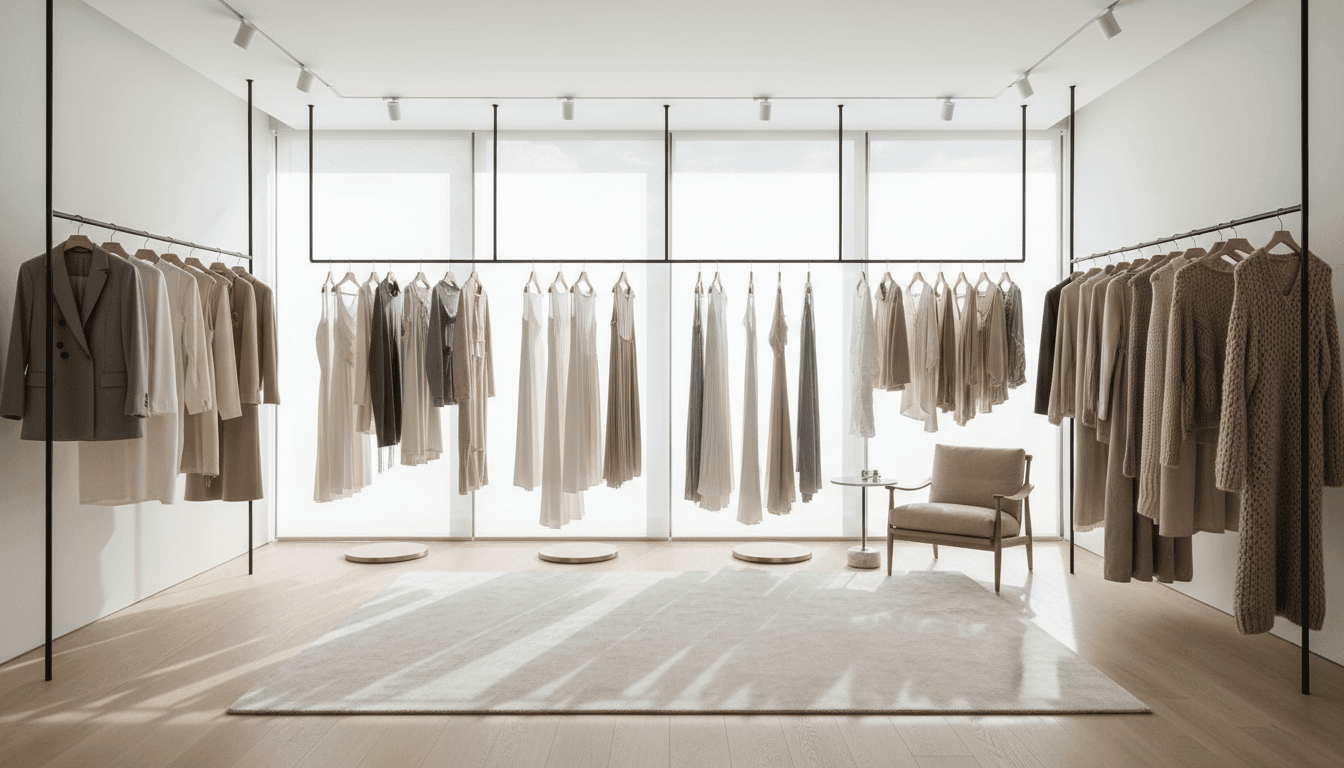 Walk-in closet with shirts organized by color and folded trousers
